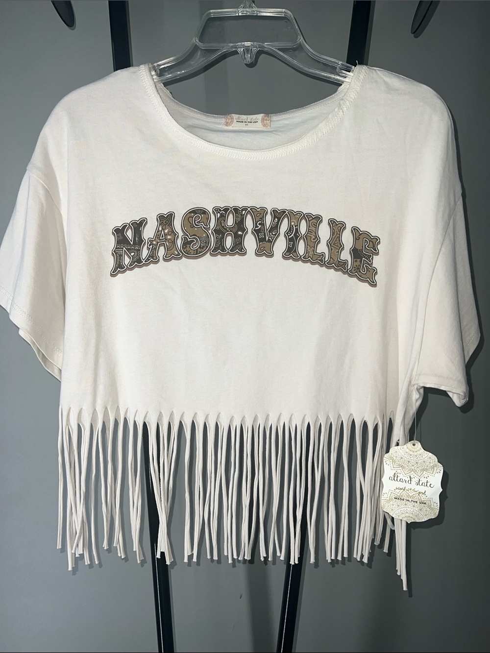 Altar'd State White Fringe Crop Tee with Brown Nashville Applique